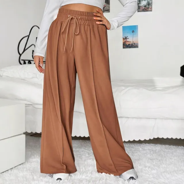Plus size Women's Casual Drawstring Waist Wide leg Loose Pants Caramel Color - Shop at LoveMi