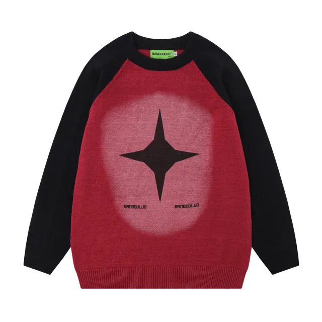 Color Contrast Patchwork Cross Print Inkjet Round Neck Sweater Red - Shop at LoveMi