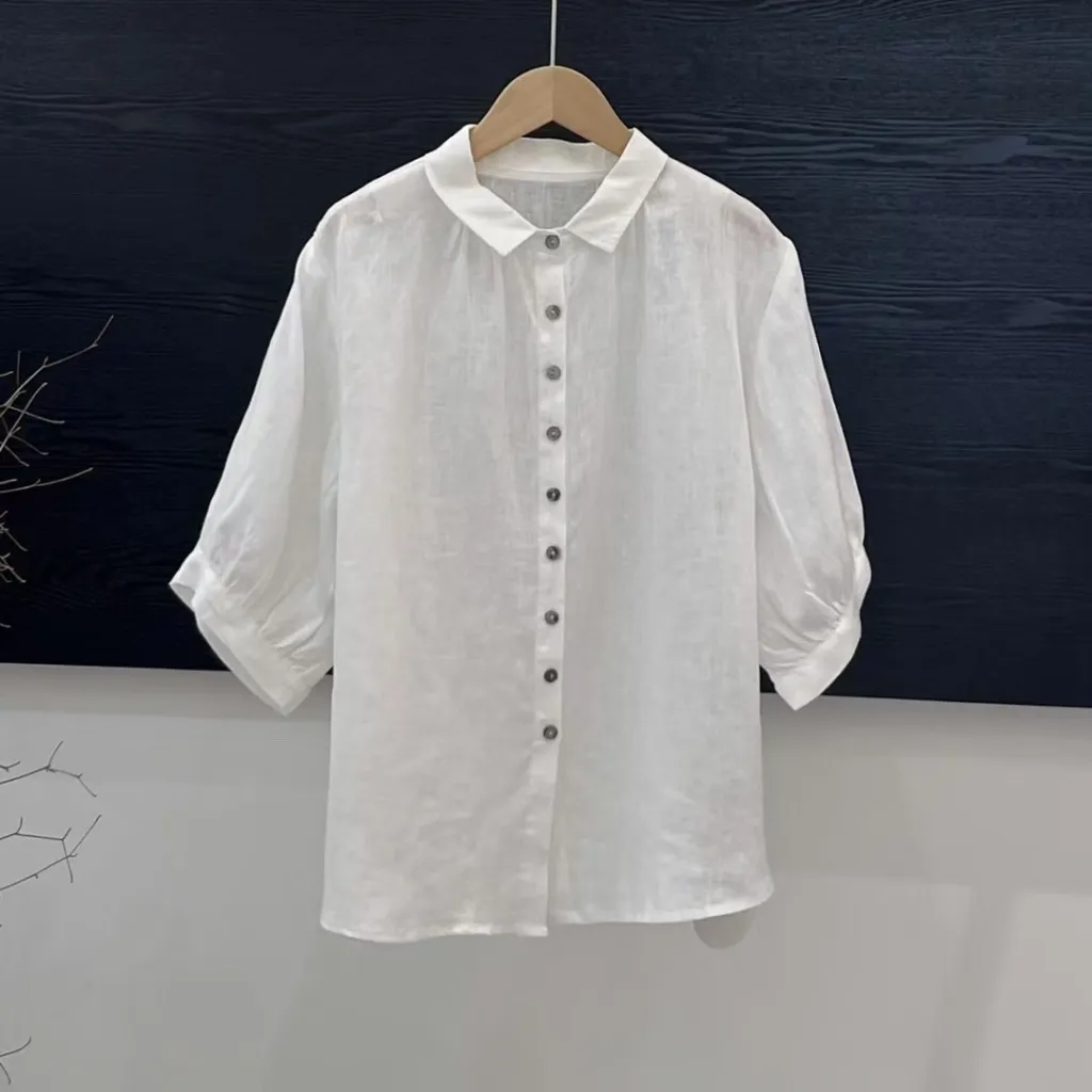 Artistic Versatile Breathable Solid Color Linen Women's Shirt - White
