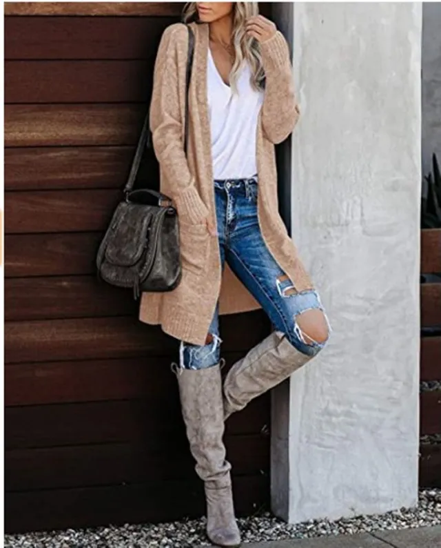 Women's Knitted Pocket Cardigan Long Sleeve Baggy Coat Khaki - Shop at LoveMi
