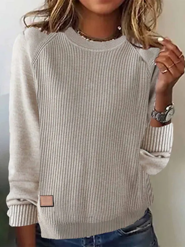 Independent Station Round Neck Long Sleeve Sweater Apricot - Shop at LoveMi