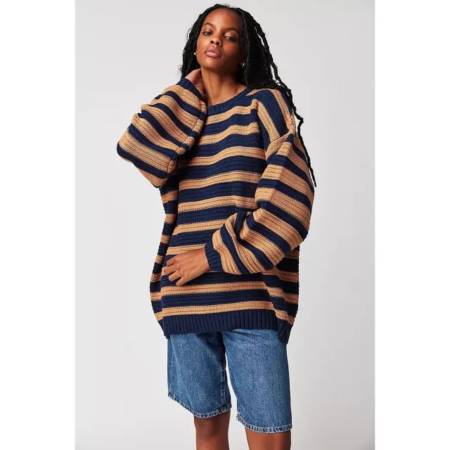 Printed Striped Long Sleeve Pullover Crew Neck Sweater Dark Blue Camel - Shop at LoveMi
