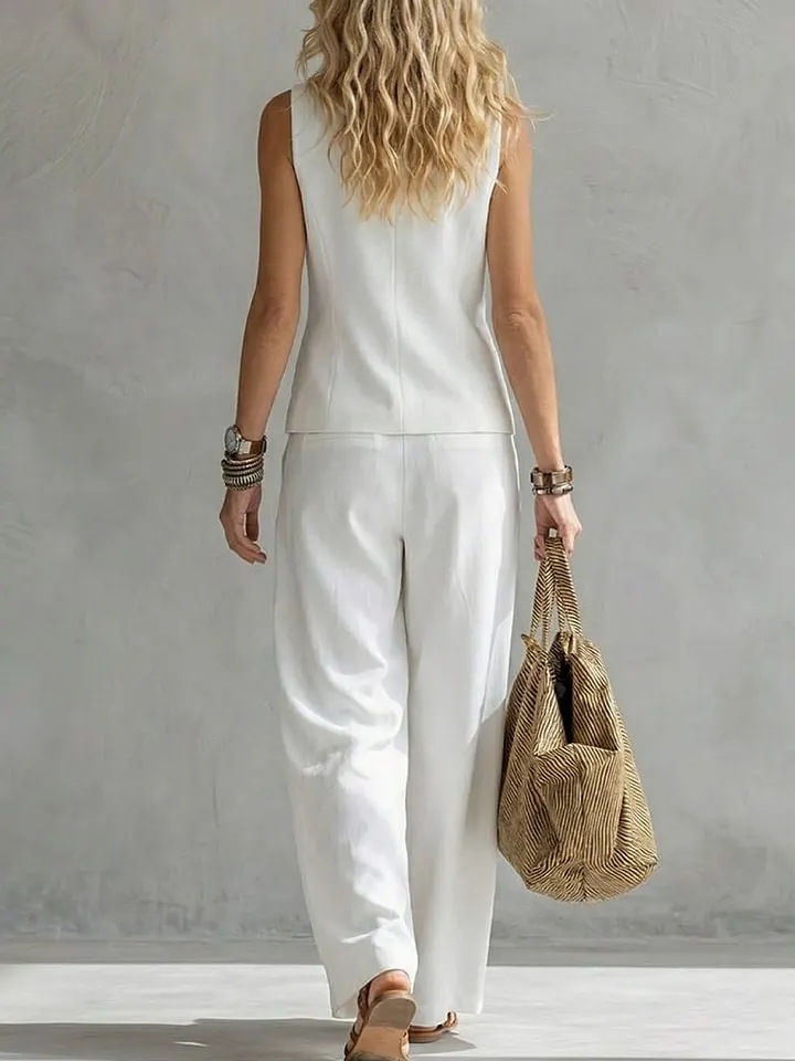 Women's Linen Tank Top and Pants Set in Navy Blue – classic polished look