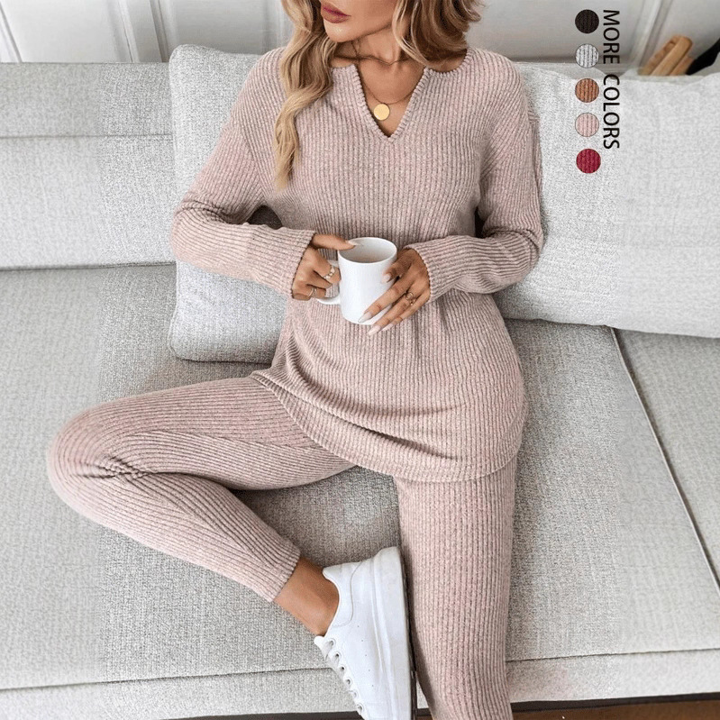 V-neck Design Simple And Stylish Casual Loungewear Set For Women - Image 2
