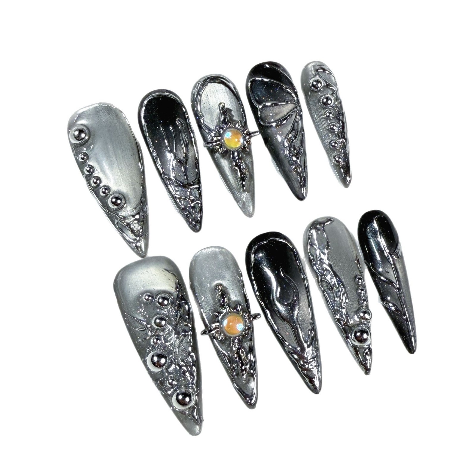 Euro-American Sweet Cool And Spicy Long Stiletto Nails With Metallic 3D Design