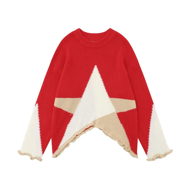 Women's Irregular Hem XINGX Jacquard Pullover Sweater Red - Shop at LoveMi