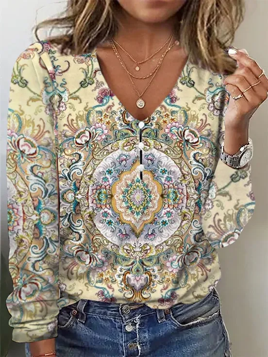 V neck Starry Sky Tie dyed Pearl Button T shirt With Long Sleeves Hoodie Apricot - Shop at LoveMi
