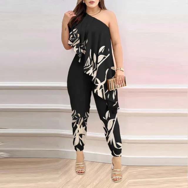 Printed One shoulder Ruffled Jumpsuit Printed Black - Shop at LoveMi