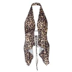 Leopard Print Short Halter Cardigan Vest Top For Women - Brown - View 1