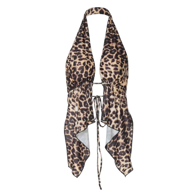 Leopard Print Short Halter Cardigan Vest Top For Women Brown - Shop at LoveMi