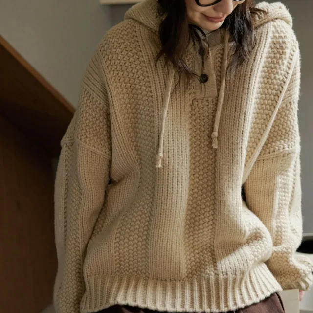 Autumn And Winter New Hooded Woven Texture Sweater Top Women Light Camel - Shop at LoveMi