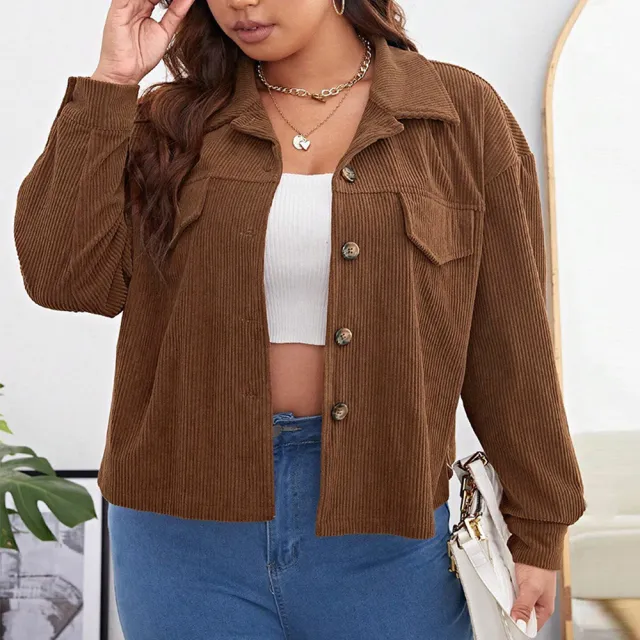 Plus Size Women's Loose Casual Short Corduroy Lapel Jacket Brown - Shop at LoveMi
