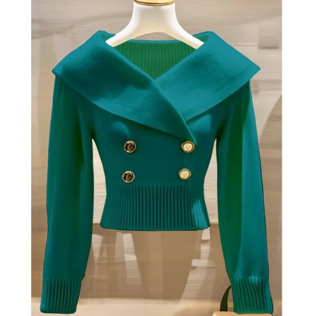 Women's Polyester Lapel Slim Sweater Sweater Peacock Blue - Shop at LoveMi