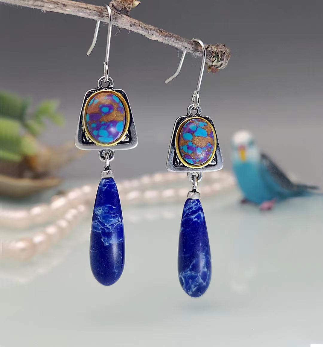 Bohemian Antique Lapis Dangle Earrings