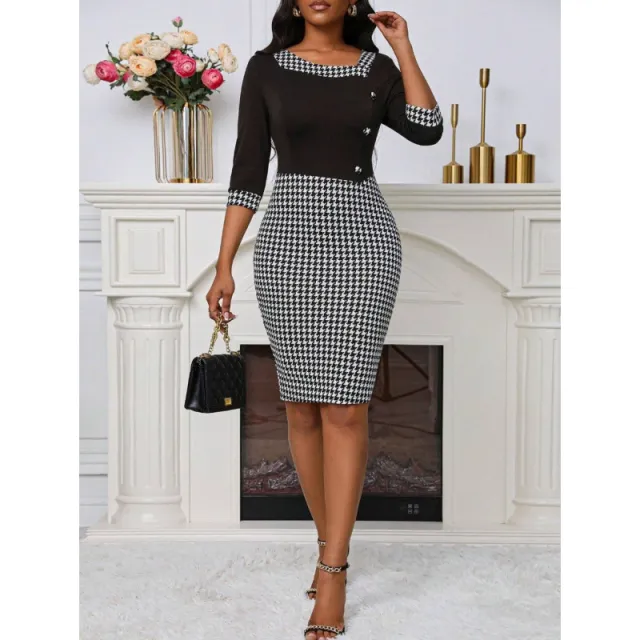 SpringSummer Houndstooth Patchwork Asymmetrical Neckline Slim Fit Dress Black - Shop at LoveMi