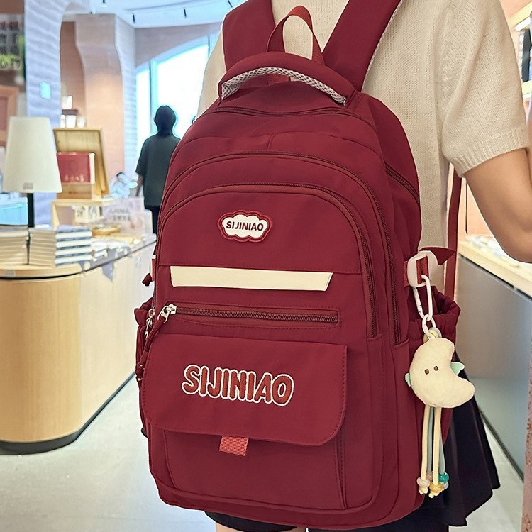 Milk-blue Letter-embroidered Multi-pocket Backpack