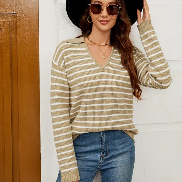 Long Sleeve Simple Style Pullover Knitting Bottoming Shirt Brown And White Stripes - Shop at LoveMi