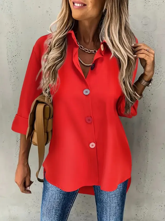 Casual Women's Solid Color Buttons Long Sleeve Shirt Top Red - Shop at LoveMi