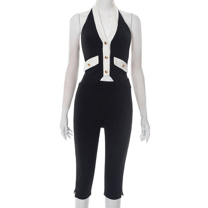 Women's Contrast Color V neck Gold Button Halter Backless Top Tight Cropped Trousers Suit Gold - Shop at LoveMi