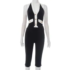 Women's Contrast Color V-neck Gold Button Halter Backless Top Tight Cropped Trousers Suit - Gold - View 1