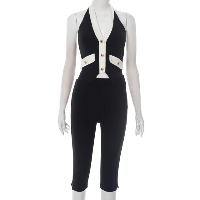 Women's Contrast Color V neck Gold Button Halter Backless Top Tight Cropped Trousers Suit Gold - Shop at LoveMi