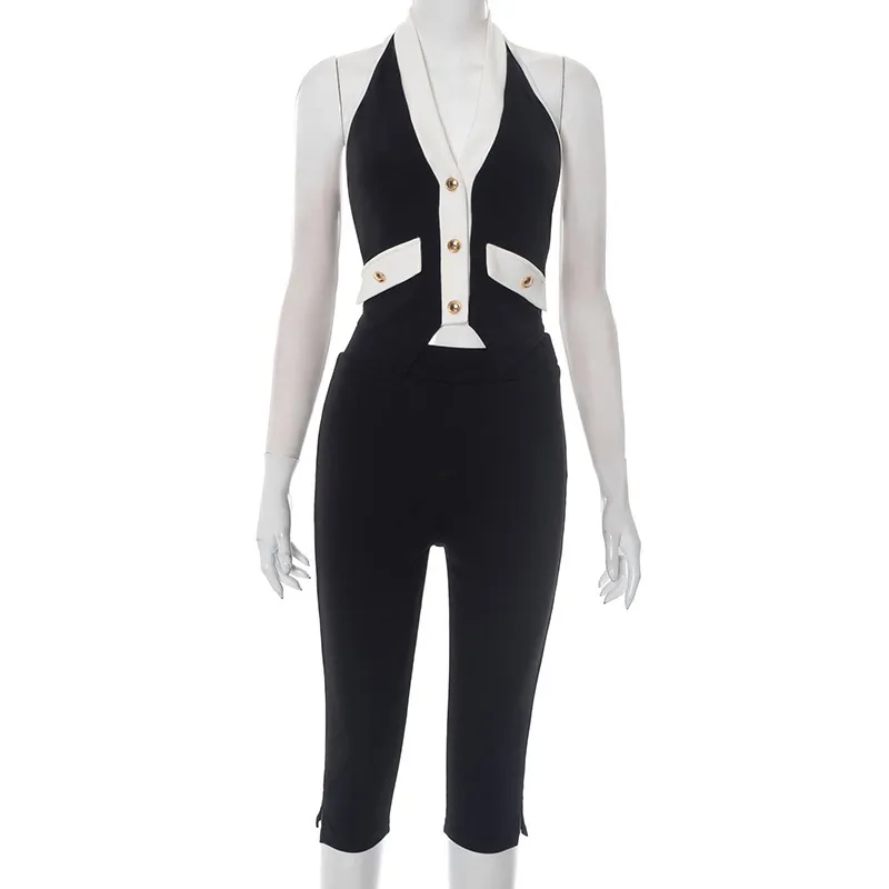 Women's Contrast Color V-neck Gold Button Halter Backless Top Tight Cropped Trousers Suit - Gold