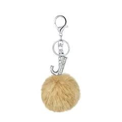 26 Colours Rex Rabbit Fur Ball Diamond English Letters Keychain - 10 Khaki - View 1