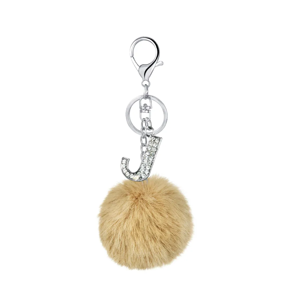 26 Colors Rex Rabbit Fur Ball Diamond English Letters Keychain - 10 Khaki