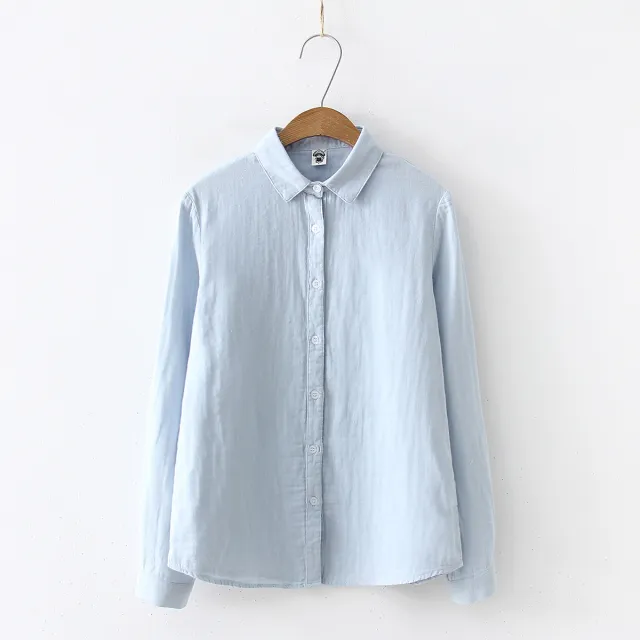 Double layer Cotton Yarn Pure Color Skin friendly Long sleeved Shirt Light Blue - Shop at LoveMi