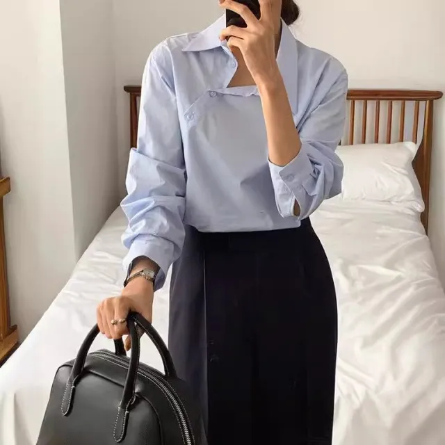 Loose Leisure All matching Solid Color Long Sleeve Shirt For Women Blue - Shop at LoveMi