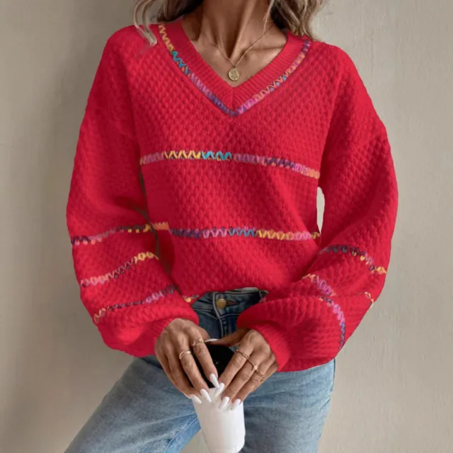 V collar Contrast Color Women's Long Sleeve Pullover Loose Sweater Red - Shop at LoveMi
