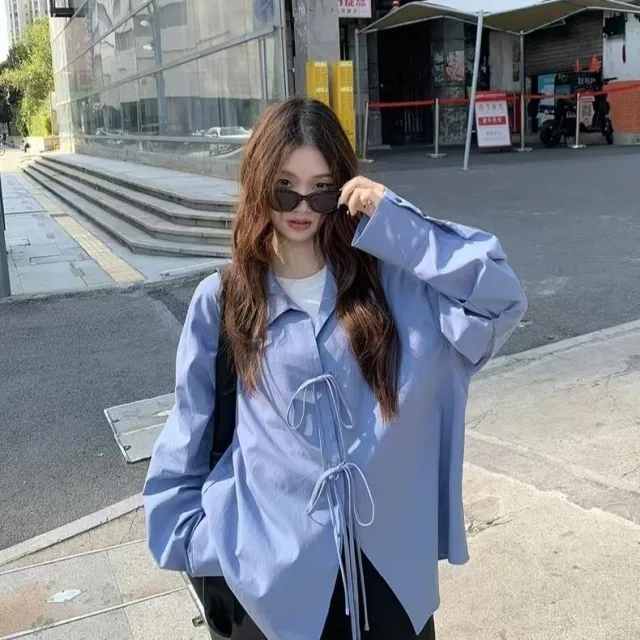 Laid back Style Bow Tied Long Sleeve Shirt Blue - Shop at LoveMi