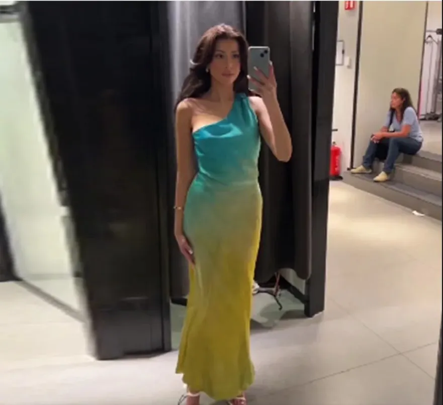 Women's Asymmetric Silk Satin Texture Backless Fashion Dress - Blue Gradient
