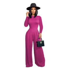 Fashion Solid Color Long-sleeved Wide-leg Jumpsuit - Rose Red - View 1