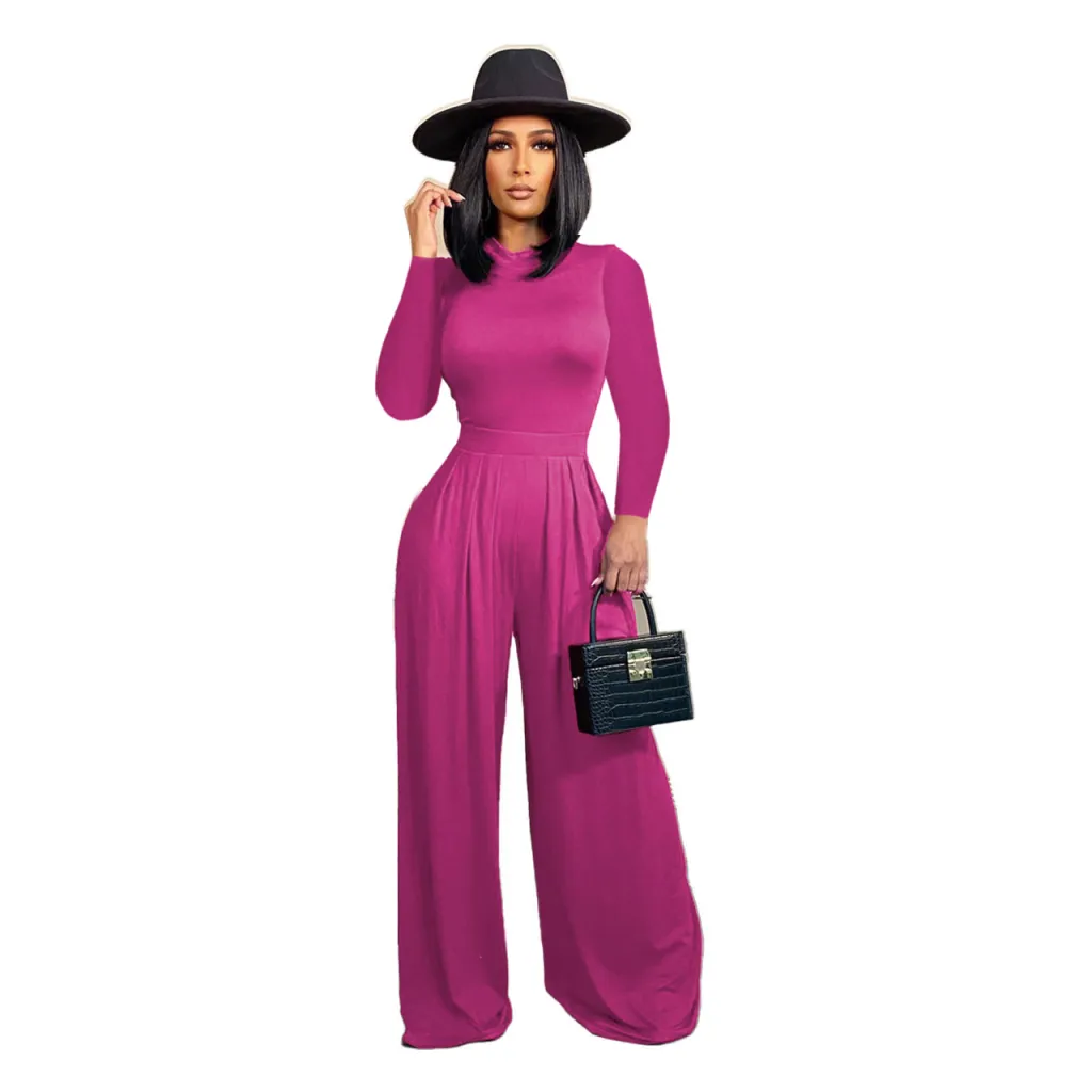 Fashion Solid Color Long-sleeved Wide-leg Jumpsuit - Rose Red