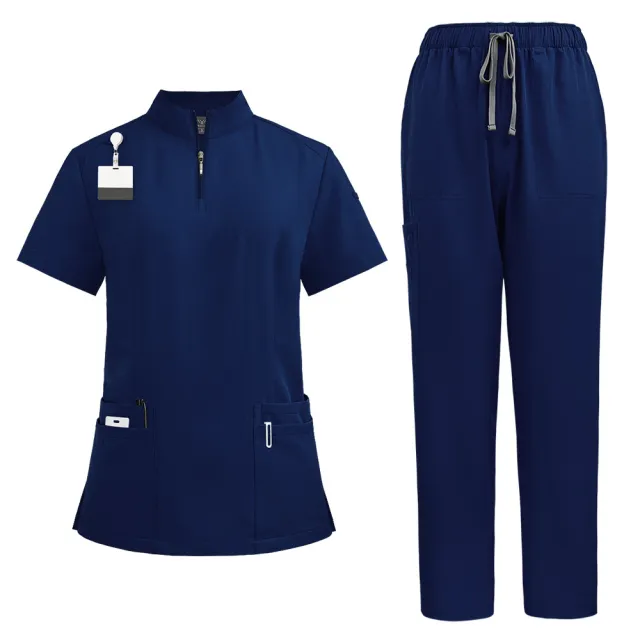 Stand Collar Zipper Doctor Nurse Work Uniforms Suit Dark Blue - Shop at LoveMi