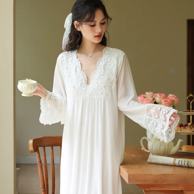 Womens Long sleeve Mesh Spring French style Dress With Embroidered Lace White - Shop at LoveMi
