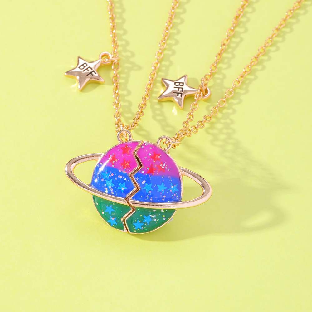 Good Friend Children Planet Alloy Dripping Oil Two People Besties Necklace