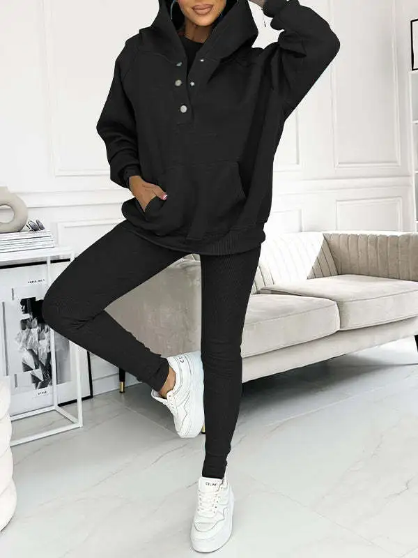 Casual Hooded Sweater Thickened Thread Fitted Vest Pants Three piece Set 2Piece Set Blue - Shop at LoveMi