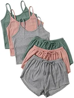 Women's Rib Knitted Crop-top Spaghetti-strap Lace-up Shorts Suit - Pink - View 1
