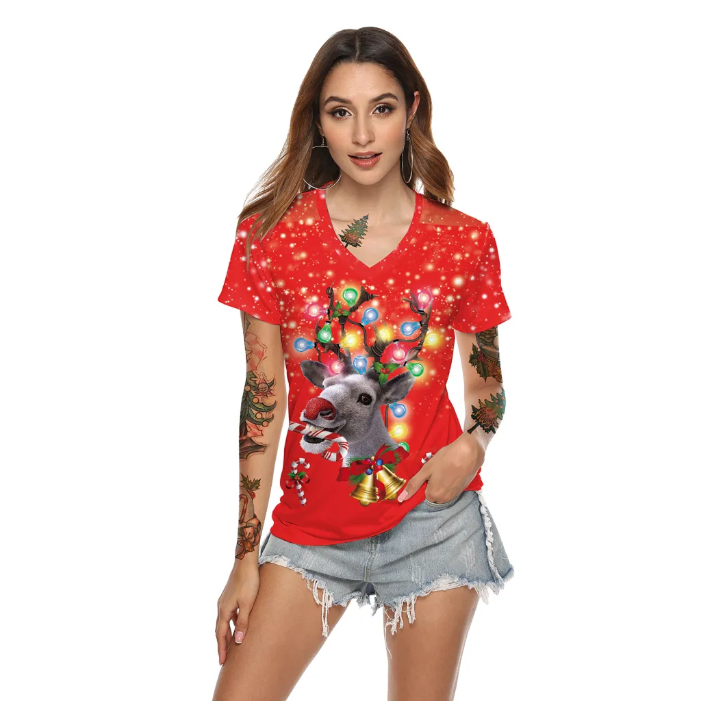 Women's Christmas Digital Printed V-neck T-shirt - Sb136 013