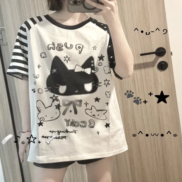 Japanese Cute Cute Cat Short sleeved T shirt White - Shop at LoveMi