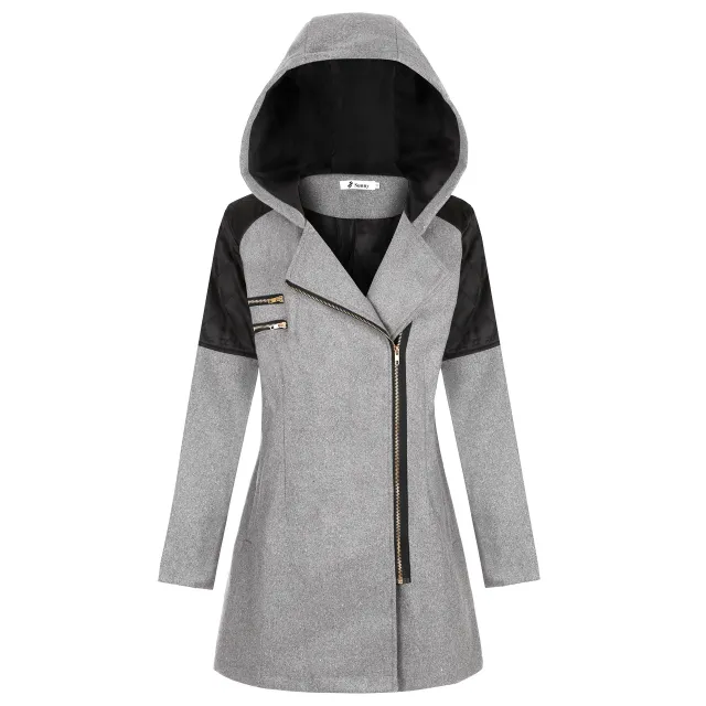 Women Warm Slim Full Zipper Coat Thick Woolen Coat Female Fall Winter Windbreaker Hooded Diagonal Zipper Women's Clothing Woolen Light Gray - Shop at LoveMi