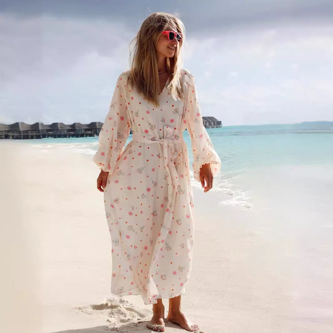 Chiffon Printed V-Neck Long Dress, picture 6 of 8