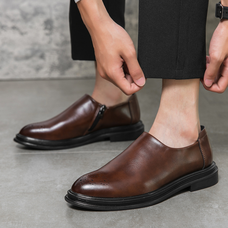 Side-zip Slip-on Leather Shoes With Floral Design