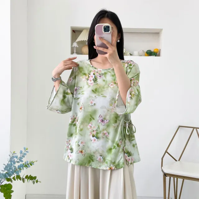Womens Relaxed fit Chinese style Shirt With Flared Sleeves Cyan - Shop at LoveMi