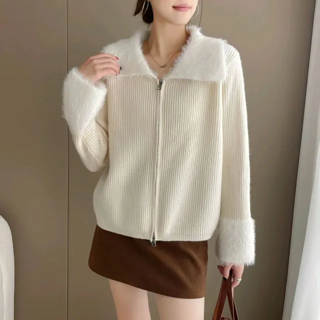 Korean Style Double Zipper Lapel Patchwork Cuff Sweater Apricot - Shop at LoveMi