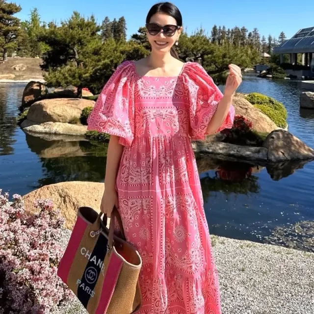Printed Loose Casual Puff Sleeve Dress Red - Shop at LoveMi