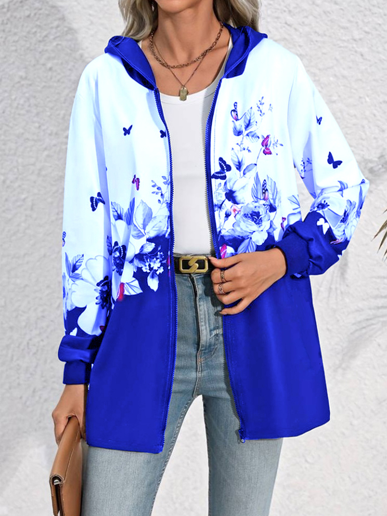 Printed Mid-length Zip Hooded Jacket