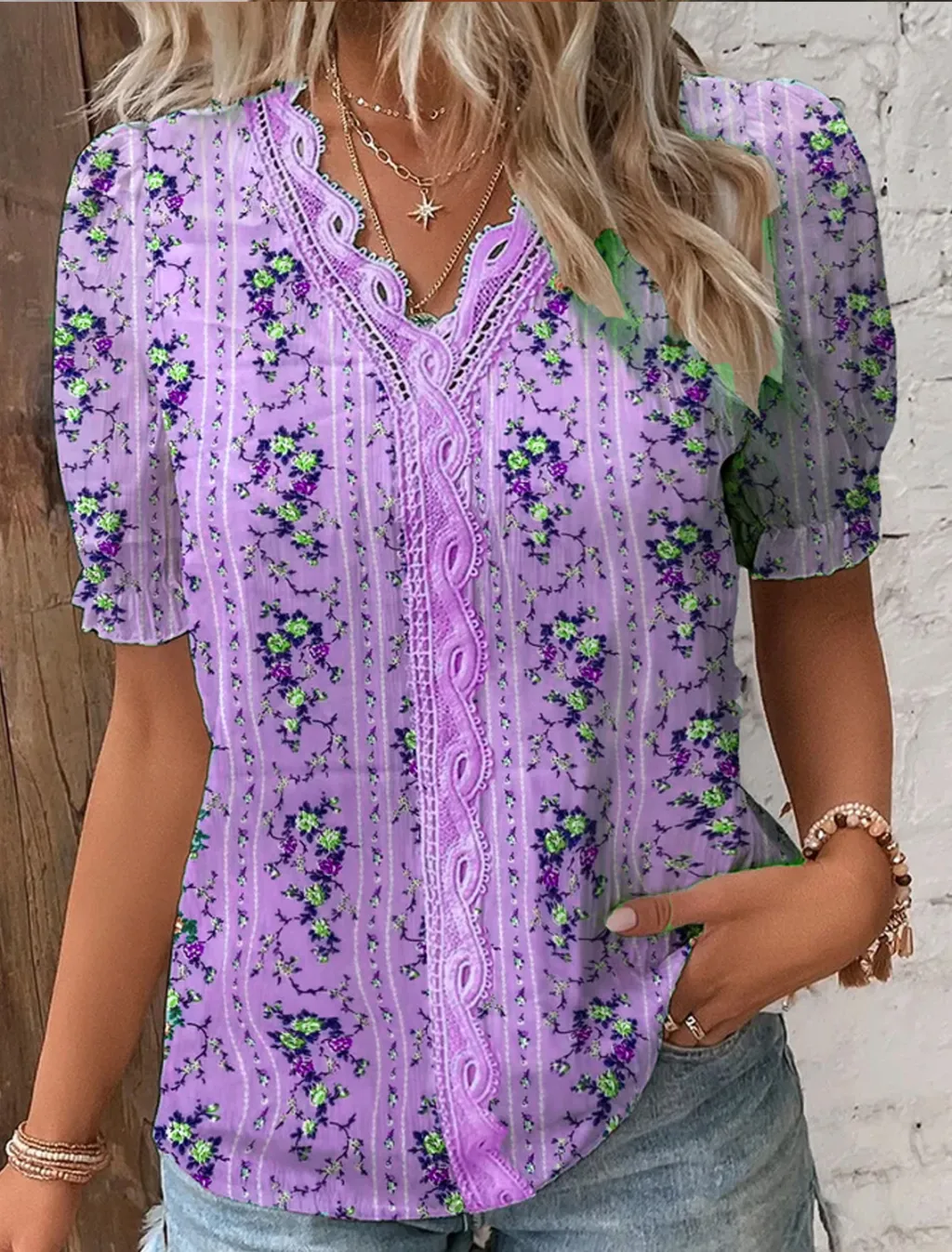 Holiday Fashion Digital Printing Hollow Short Shirt - Violet-Xl